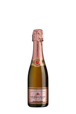 Photo d'une bouteille de crémant rosé pétillant, présentée sur un fond élégant. Le crémant se distingue par sa couleur rose délicate et ses bulles fines, parfait pour des célébrations et des moments festifs