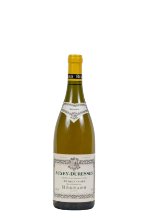 Photo d'une bouteille de vin blanc Auxey-Duresses, présentée sur un fond blanc. Parfait en accompagnement d'un apéritif.
