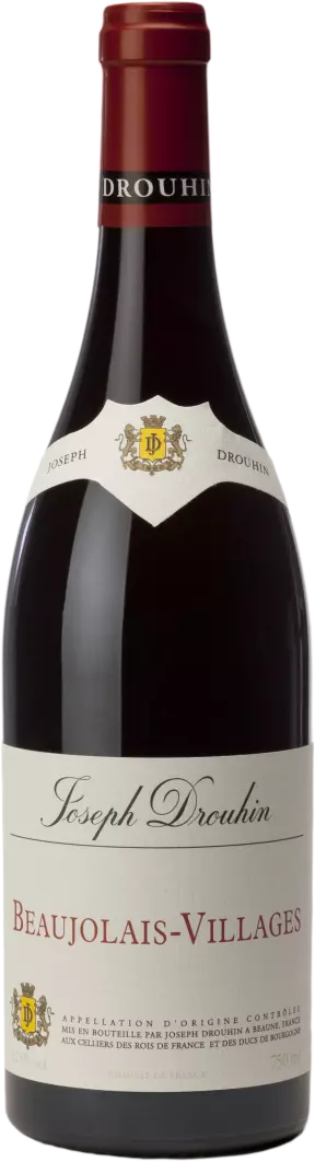 Photo d'une bouteille de vin rouge Beaujolais village, présentée sur un fond blanc. Parfait en accompagnement d'un apéritif.