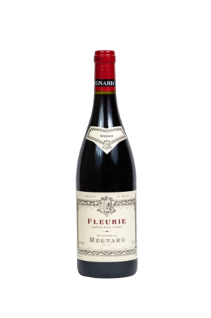 Photo d'une bouteille de vin rouge Fleurie, présentée sur un fond blanc. Parfait en accompagnement d'un apéritif.